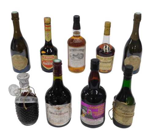 A bottle of Hennessy Cognac brandy, 70cl, and others, Southern Comfort, 1ltr, Champagne,...