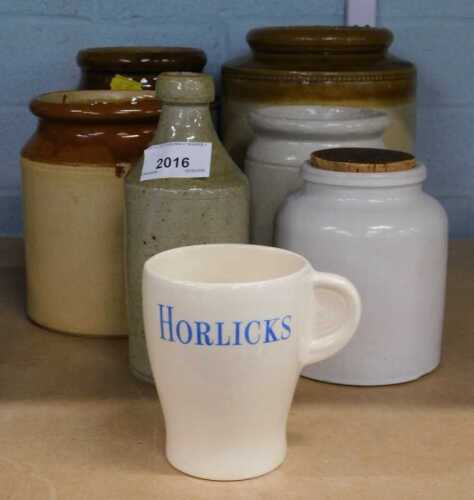 Various stoneware, Porter style bottle, Horlicks mug, various jars, etc. (a quantity)