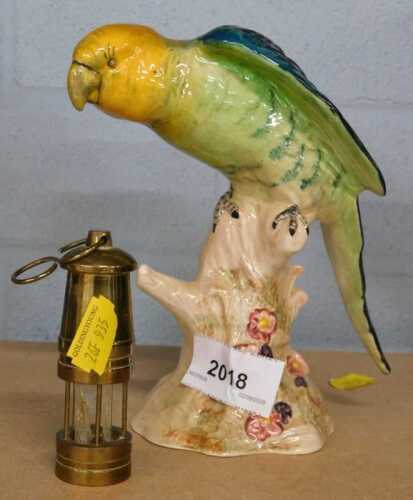 A miniature brass miners lamp, and a Beswick bird Parakeet.