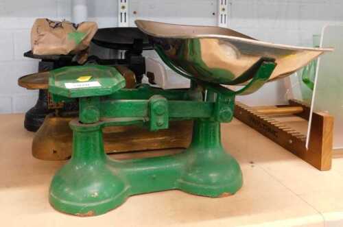 Three various table scales, to include one in green, another Avery set, etc. (a quantity)