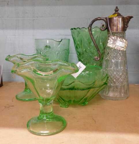 A Uranium glass planter, various other green glass, lemonade jug, etc., silver plated claret jug...