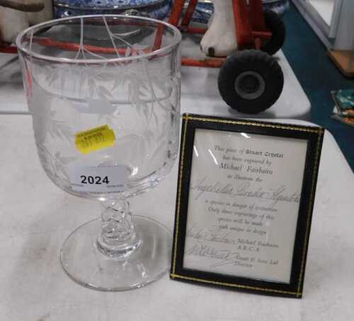 A Michael Fairbairn Seychelles Paradise sky catcher etched goblet, the heavy bell shaped body...