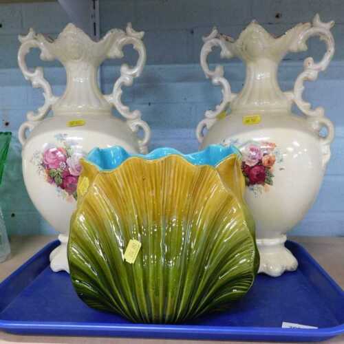 A early 20thC Bretby pottery floral jardiniere, in turquoise, green and yellow, and two transfer...
