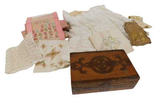 Various vintage linen, etc., a Victorian christening gown, various other linen patches, a treen...