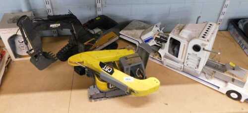 Part diecast and other vehicles, scratch built cat excavator, another, Hulna, and a truck. (3, AF)