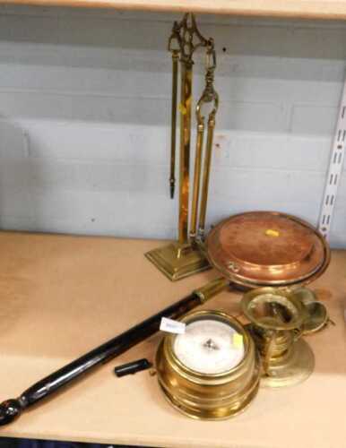 Various brassware and copperware, barometer, part companion set, horseshoe ornament, warming pan,...