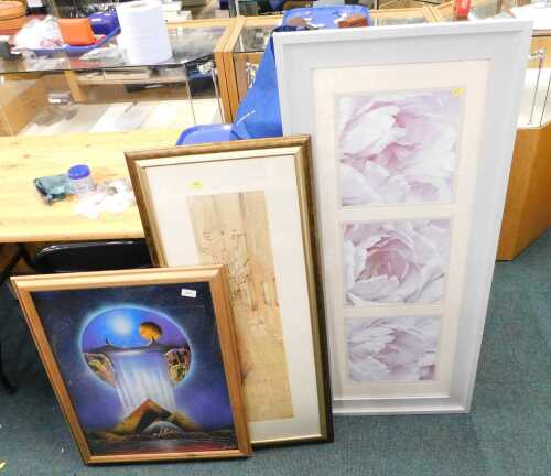 Prints, to include floral triptych, street scene, etc. (3)