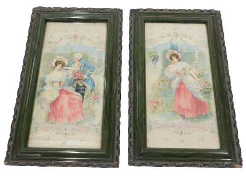 A 19thC style fashion plate, formed as a courting couple, in colours, 23cm x 12cm, and another...