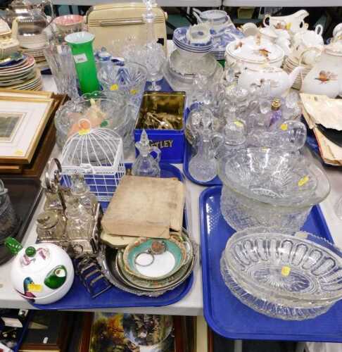 Various glassware, pottery, four piece glass cruet set on plated stand, various other silver...