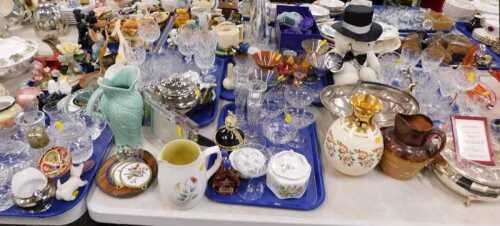 Various household glassware and effects, cut glass drinking glasses, hock glasses, bird...