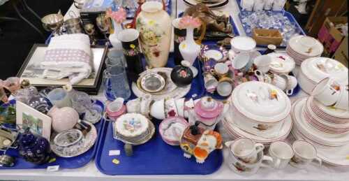 Various pottery and effects, part dinner service, painted glass vase, a pair of milk glass ewers,...