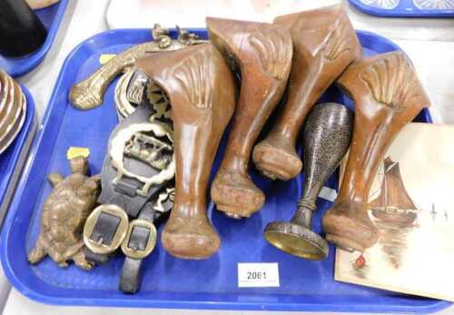 Various metalware, brassware, collectable items, etc., four squat cabriole furniture legs,...