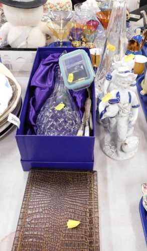 Various glassware, boxed Edinburgh crystal decanter, small quantity of coins, mother-of-pearl...