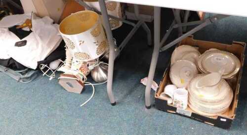 Various ecclesiastical clothing, gowns, suitcase containing vestments, other robes, pottery...