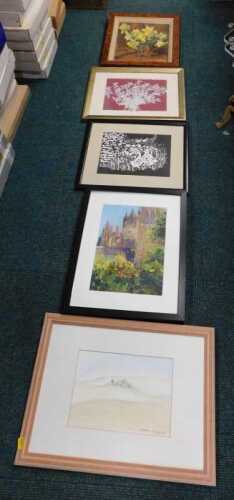 Various pictures and prints, to include still life, daffodils, oil on board, other pictures,...