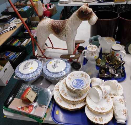Various collectables, pottery and effects, to include push-along Tri-ang style dog toy, pair of...