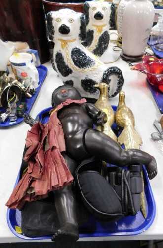 A pair of Staffordshire pottery dogs, brass pheasant, binoculars, trench art dish, doll, camera,...