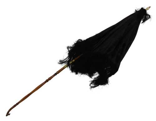 An early 20thC parasol, with bone mount, black silk top and turned bamboo finish articulated...