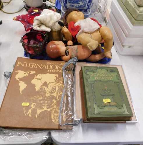International stamp album, various books, picture, dolls, Murano style bowl, metal horse figure,...
