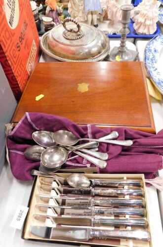 Plastic handled canteen of cutlery, silver plated entree dish, pewter candlestick, other cased...