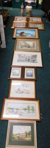 Pictures and prints, etc., to include C Carson winter scenes, mixed media on canvas, various...