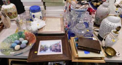 Various onyx and other eggs, picture, dressing table set, a small quantity of table linen, glass...