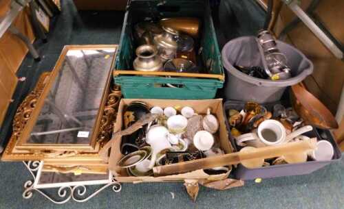 Various pottery and effects, Tilley lamp, mirrors, collectable metalware, china, part tea...