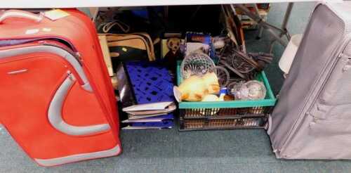 Two suitcases, small child's tabletop pushchair, glassware to include bowls, table lamp, Meerkat...