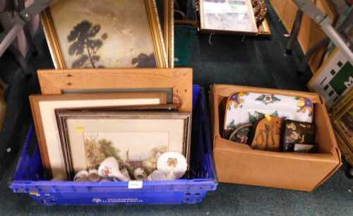 Various pictures and prints, to include a pair of oil landscape scenes, watercolour figure on...