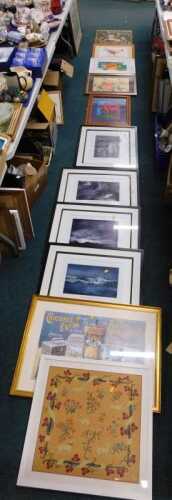 Various pictures and prints, to include tapestry horse, hen mixed media, still life mixed media,...
