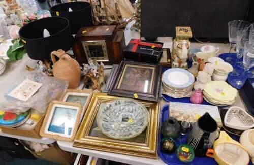 Pottery and effects, to include a floral embroidery, eight-day Art Deco mantel clock, a pair of...