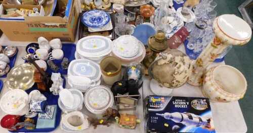 Various pottery and effects, Delft windmill, guitar ornament, part tea service, silver plated...