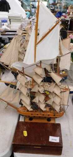 Three various model ships, to include Pamir, and a pressed leather box containing flatware, etc....