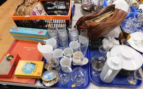 Various records, classical music, drinking glasses, glassware, satchel containing various...