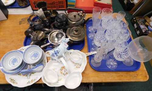 Various silver plated ware, Aynsley part Strawberry set, Oriental tea bowls and stands, cut...