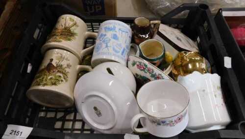 Various pottery and effects, character jug, cups, pheasant transfer printed cup, various other...