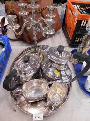 Withdrawn pre-sale by vendor. Various silver plated ware, a four piece tea service, galleried...