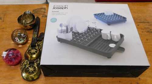 Various china, effects, etc., two glass paperweights, a Joseph extend dish rack, horse brasses,...