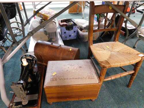 An elm rope seated chair, small stool, and a Singer sewing machine.