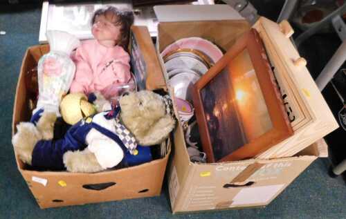 Various china, collectables and soft toys, doll, teddy bear, part tea services, glassware,...