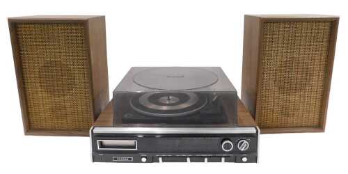 A vintage Lloyds turntable, with Perspex lid and two associated speakers, the speakers 48cm high,...