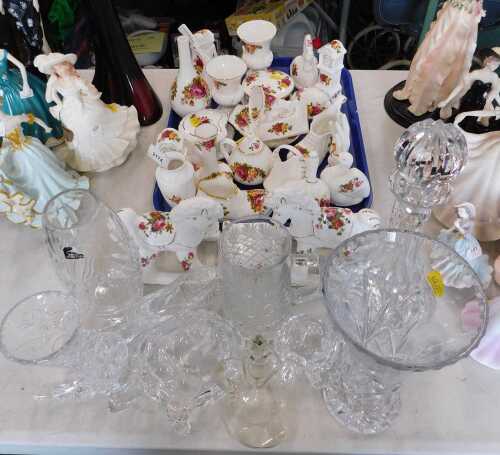 Various Cottage Rose china ornaments, turtle, longcase clock, gramophone, etc., and a quantity...