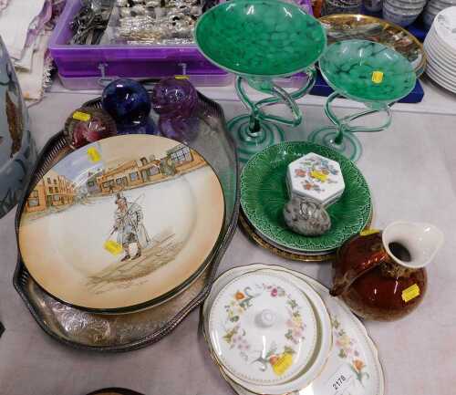 Various pottery, glassware and effects, paperweights, Dickens plate, leaf plate, graduated pair...
