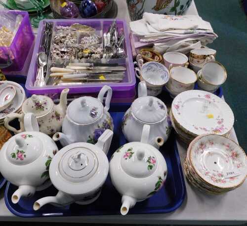 Various teacups, cabinet cups, teapots, collectable items, miniature plated teapot ornaments,...