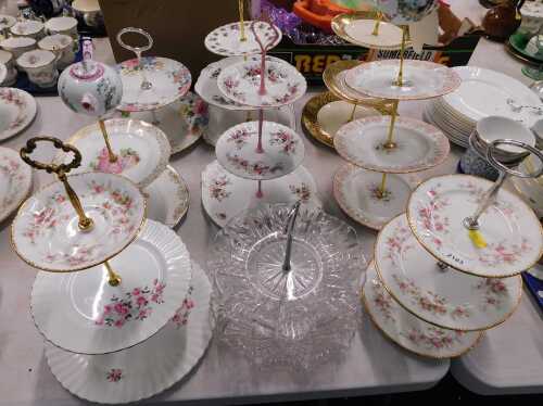 Various cake stands, Paragon Victoria Rose, etc., glass two piece cake stand, other transfer...