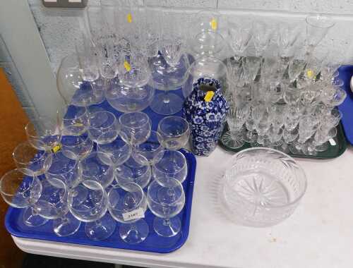 Various glassware, drinking glasses, set of six large brandy balloons, transfer printed blue and...