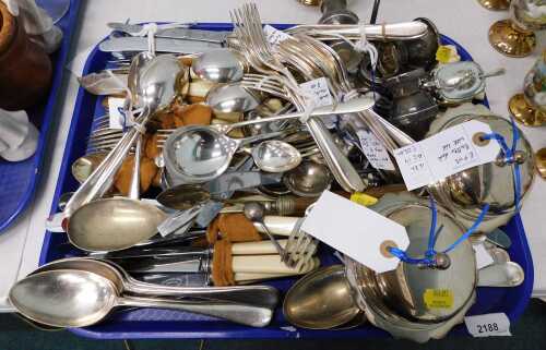 Various silver plated ware, two muffin dishes, large quantity of flatware, part cruet set, etc....