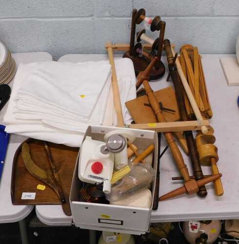 Various treen, felt making items, cotton reel stand, small quantity of linen, Toyota and other...