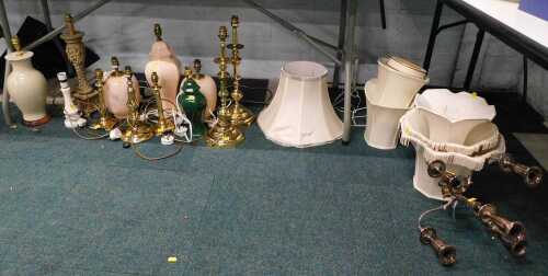 Various table lamps, shades, part candelabra, brass table lamps, crackle glazed table lamp,...