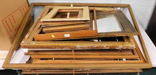 Various picture frames, giltwood, gesso, moulded examples, etc., large decorative mirror,...